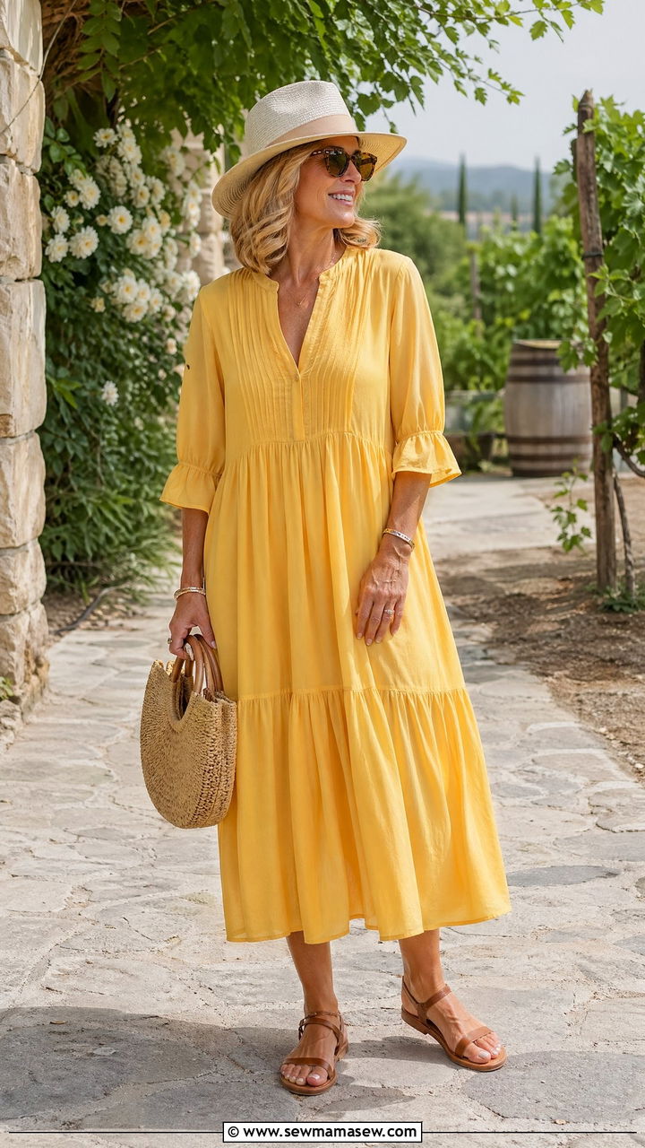 Flowy Yellow Midi Dress With Brown Sandals And Woven Bag - 35 Vacation outfits for women over 50