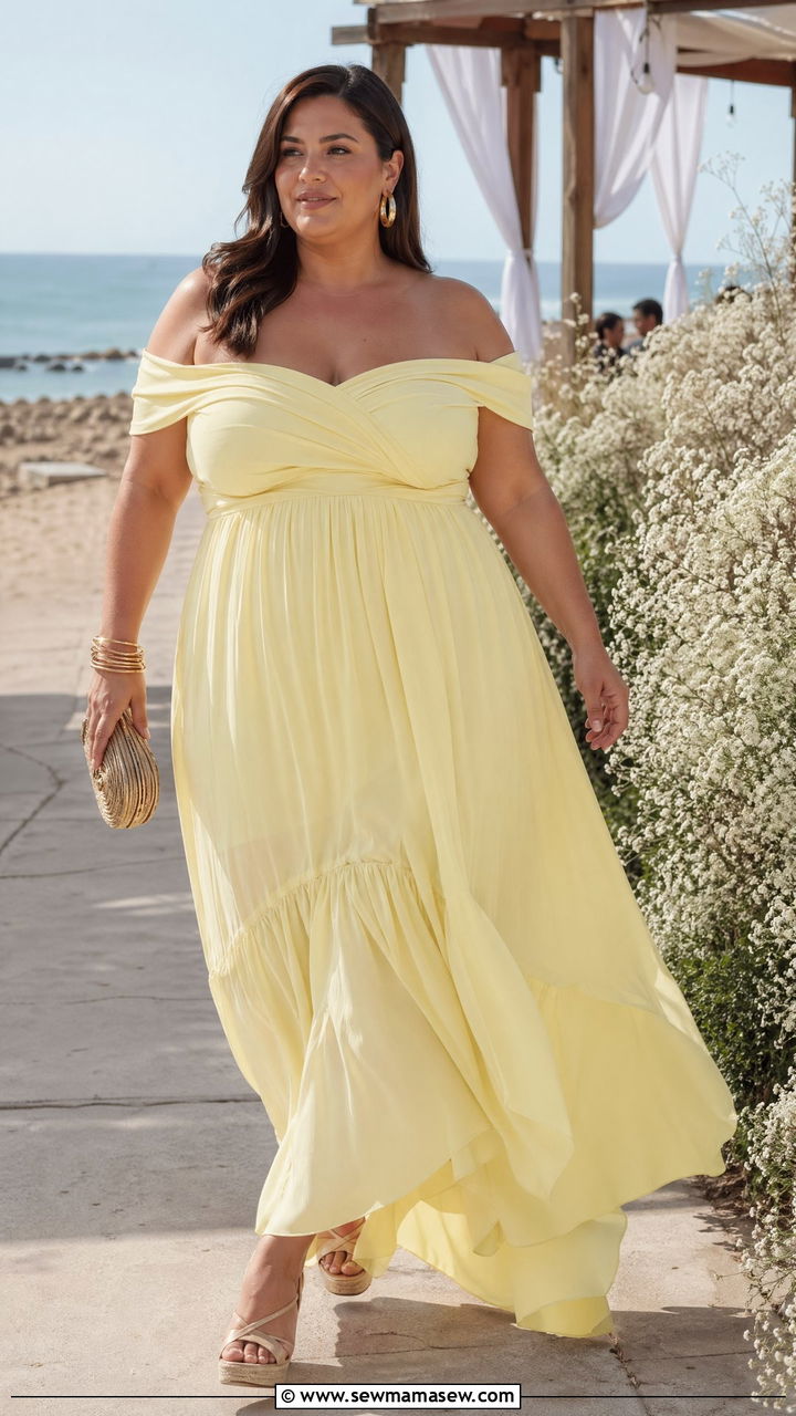 Flowy Yellow Off Shoulder Plus Size Wedding Guest Maxi - 35 wedding guest outfits for plus size women