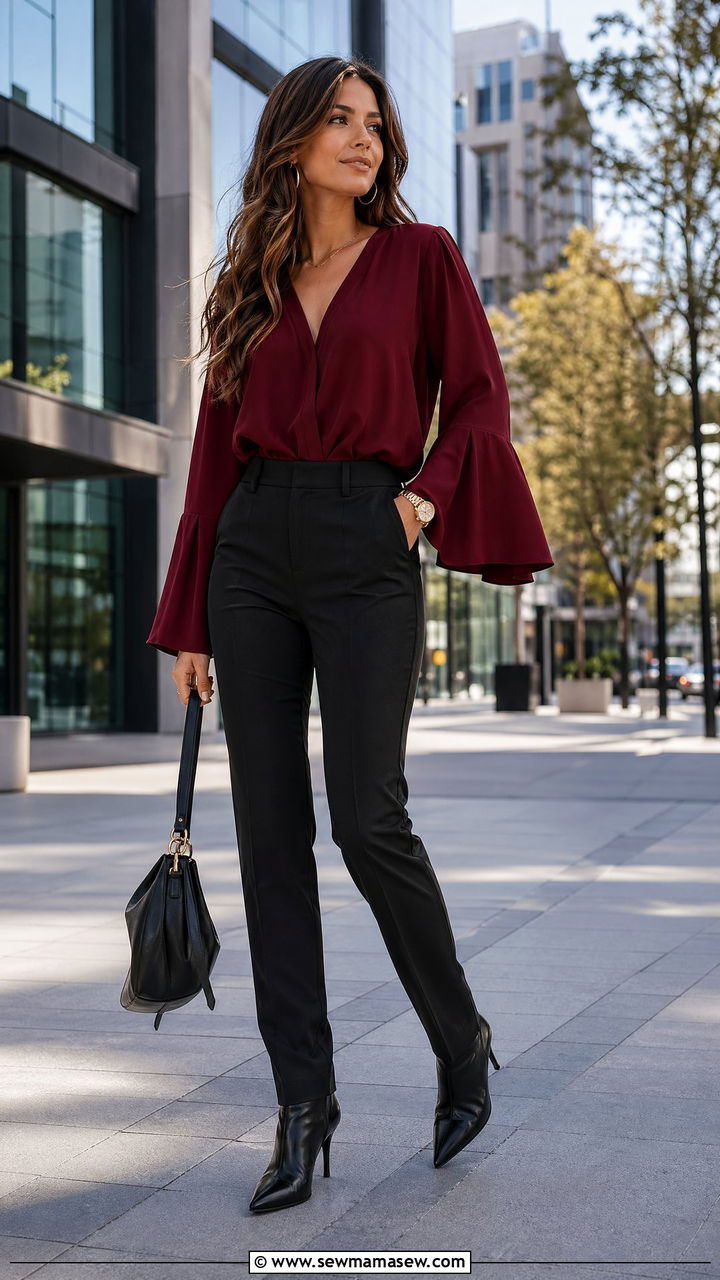 Flowy bell sleeve blouse with slim trousers - 35 transitional boho outfit ideas