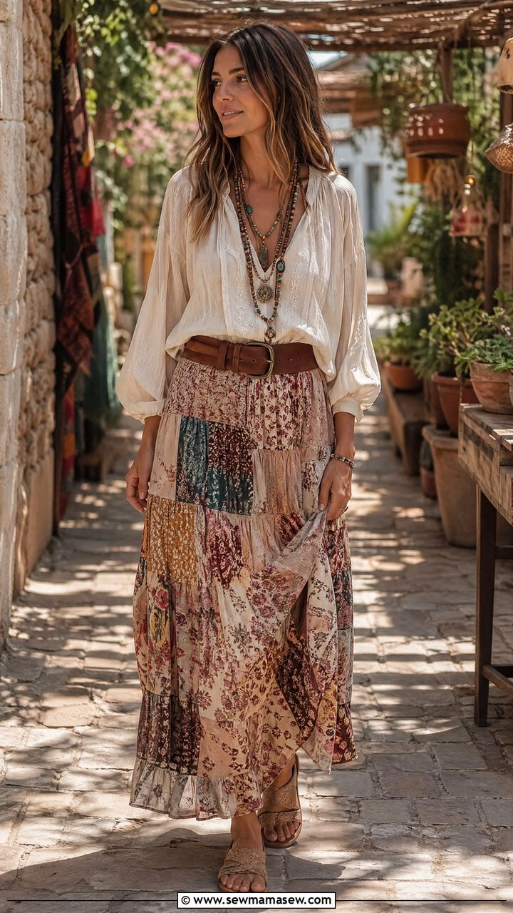 Flowy blouse and patchwork maxi skirt outfit - 35 summer skirt outfit ideas