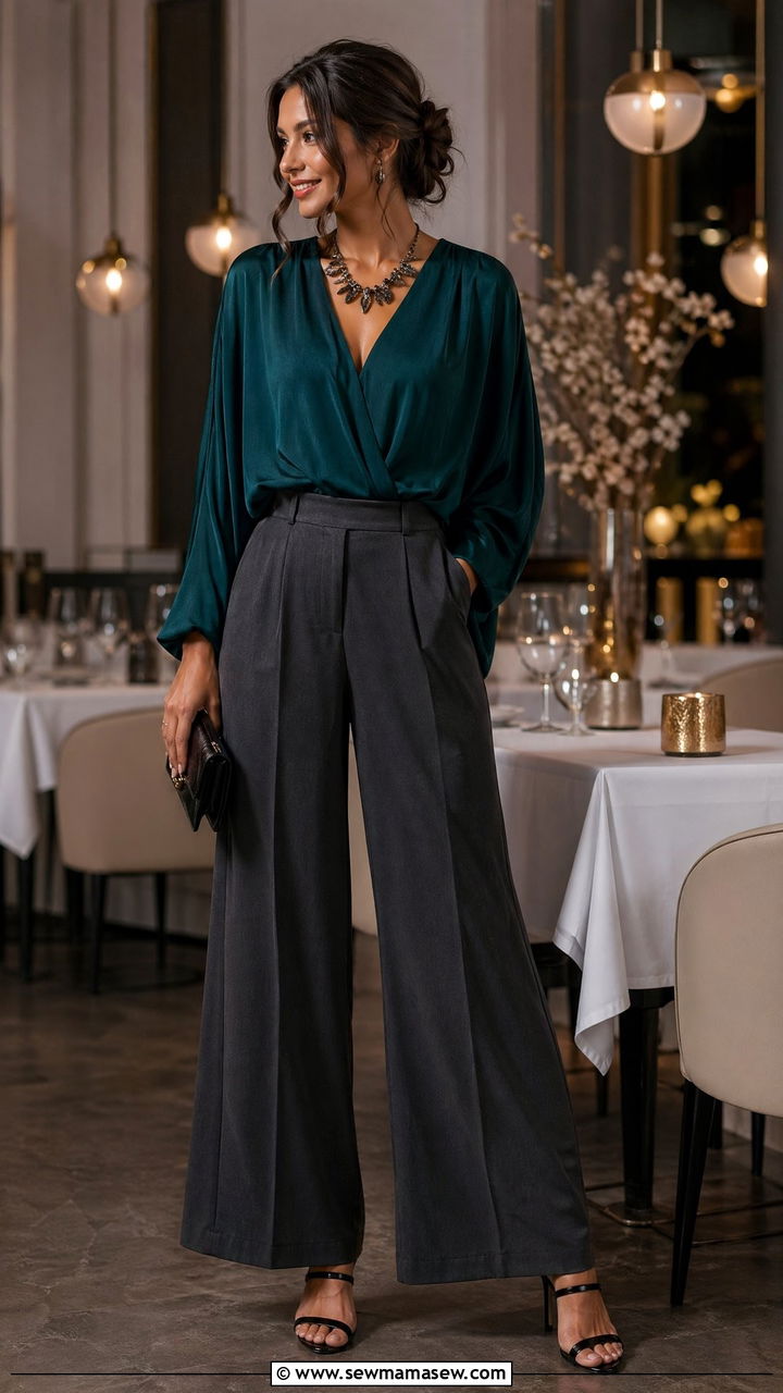 Flowy blouse with wide leg pants and heeled sandals - 35 wide leg pants outfits