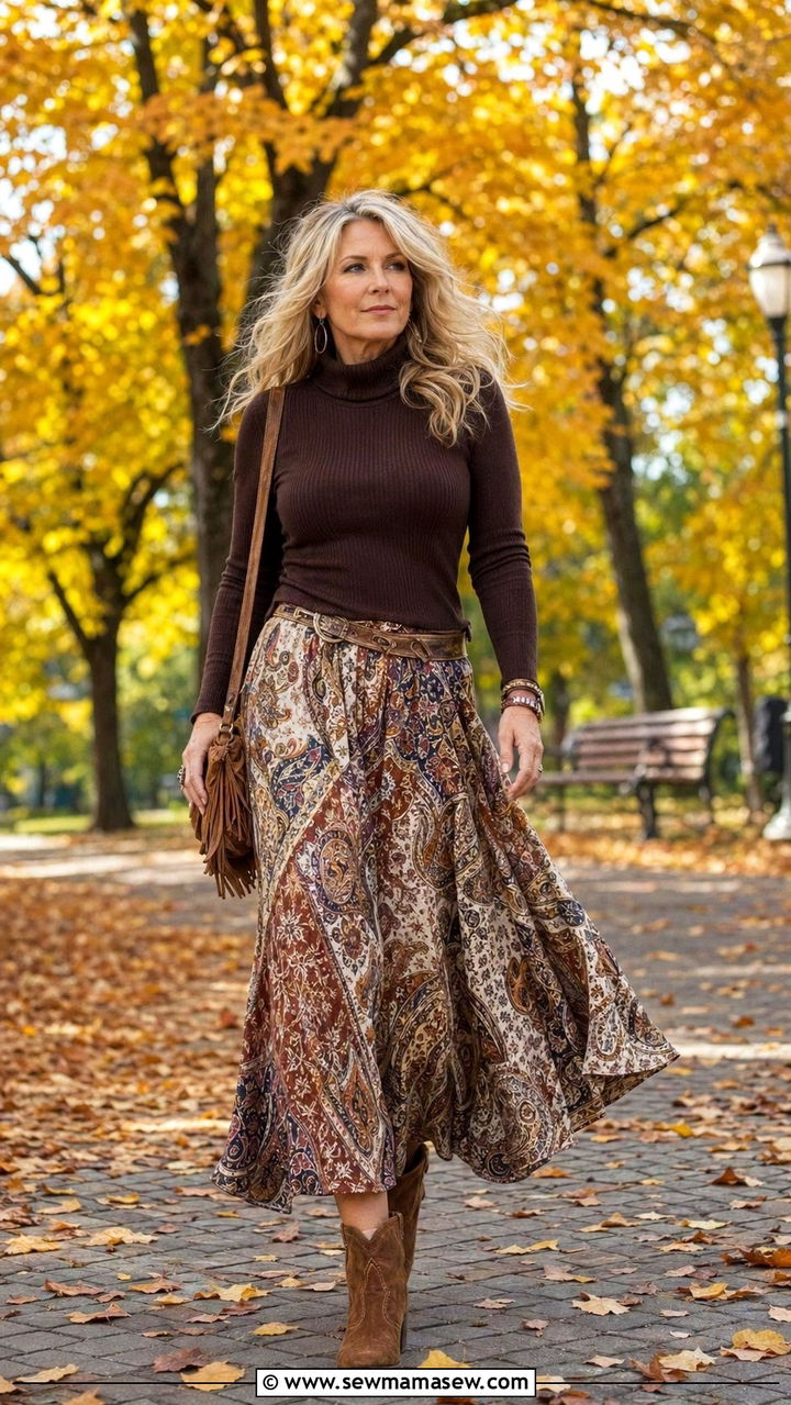 Flowy boho maxi skirt with turtleneck and western booties - 30 Western outfit ideas for women over 40