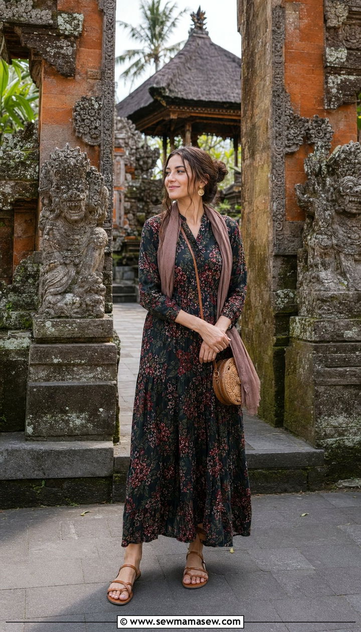 Flowy floral maxi dress for temple visits Bali - 30 Bali packing list outfits