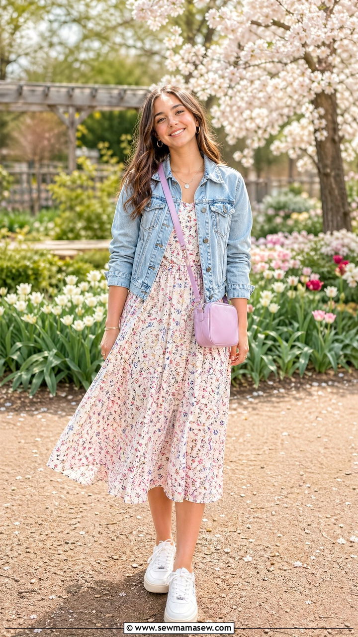 Flowy floral midi dress with denim jacket and white sneakers - 35 Spring outfits for teenage girls