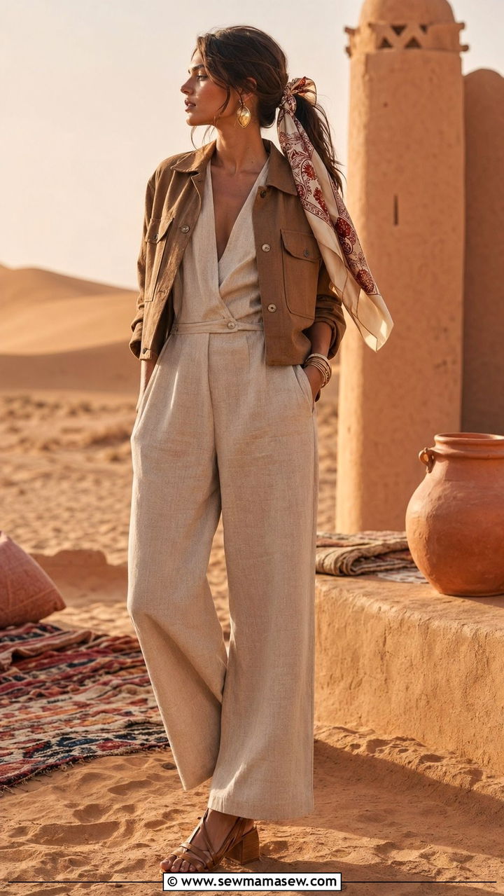 Flowy jumpsuit with cropped jacket for cooler nights - 35 Morocco vacation outfit ideas