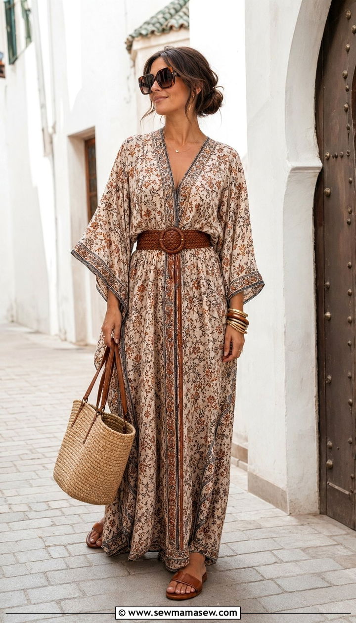 Flowy kaftan with woven belt and leather sandals - 35 Morocco vacation outfit ideas