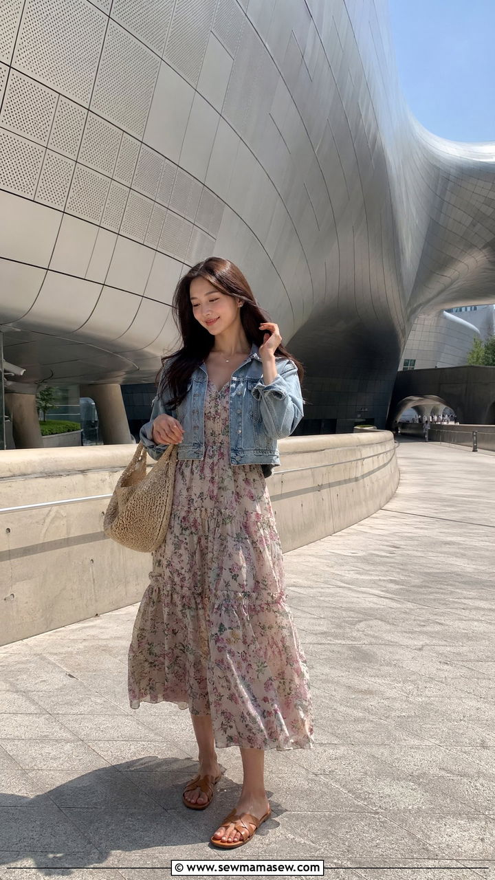 Flowy maxi dress with a cropped denim jacket - 35 Seoul vacation outfit ideas