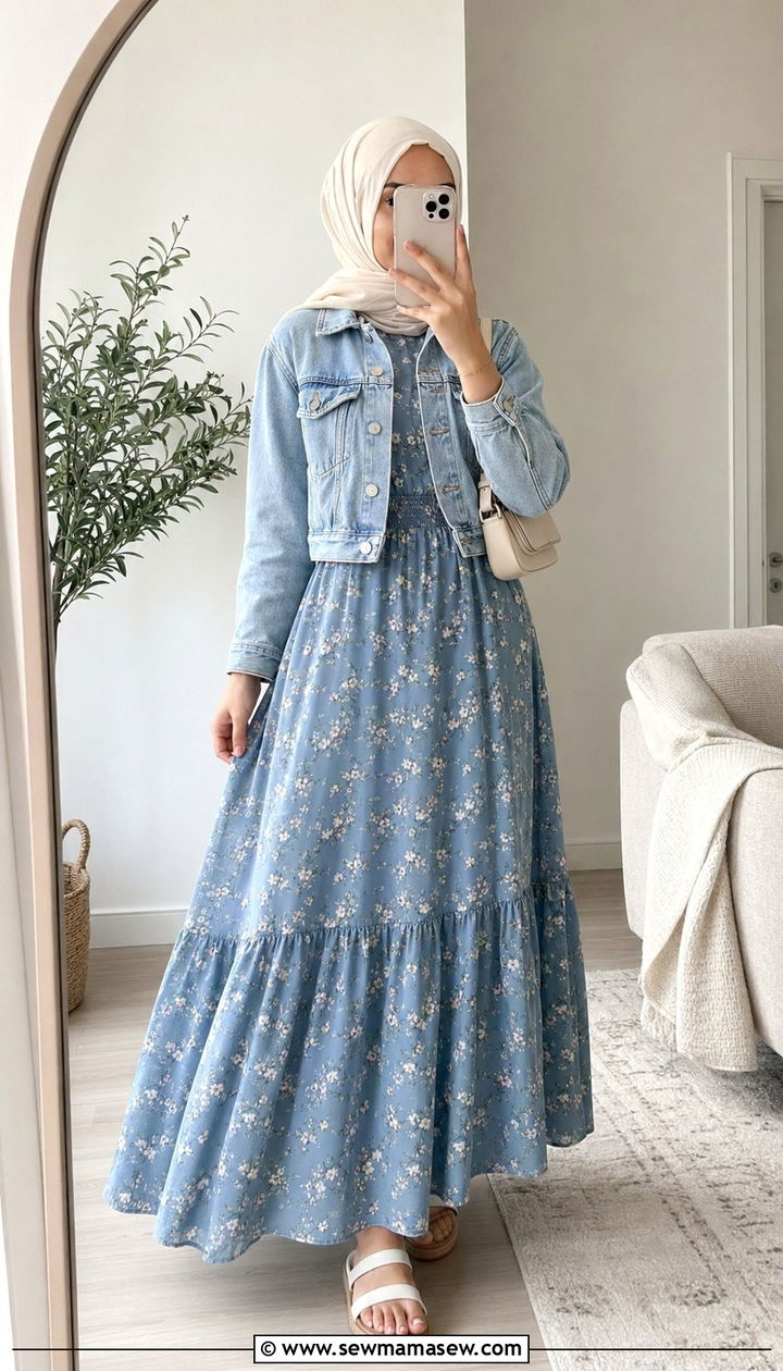 Flowy maxi dress with denim jacket - 35 Modest outfit ideas for hijabis