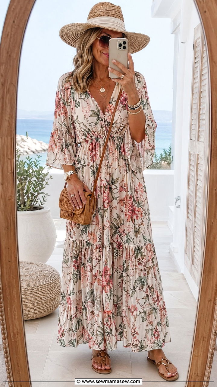 Flowy maxi dress with flat sandals - 35 Vacation outfits for women over 40