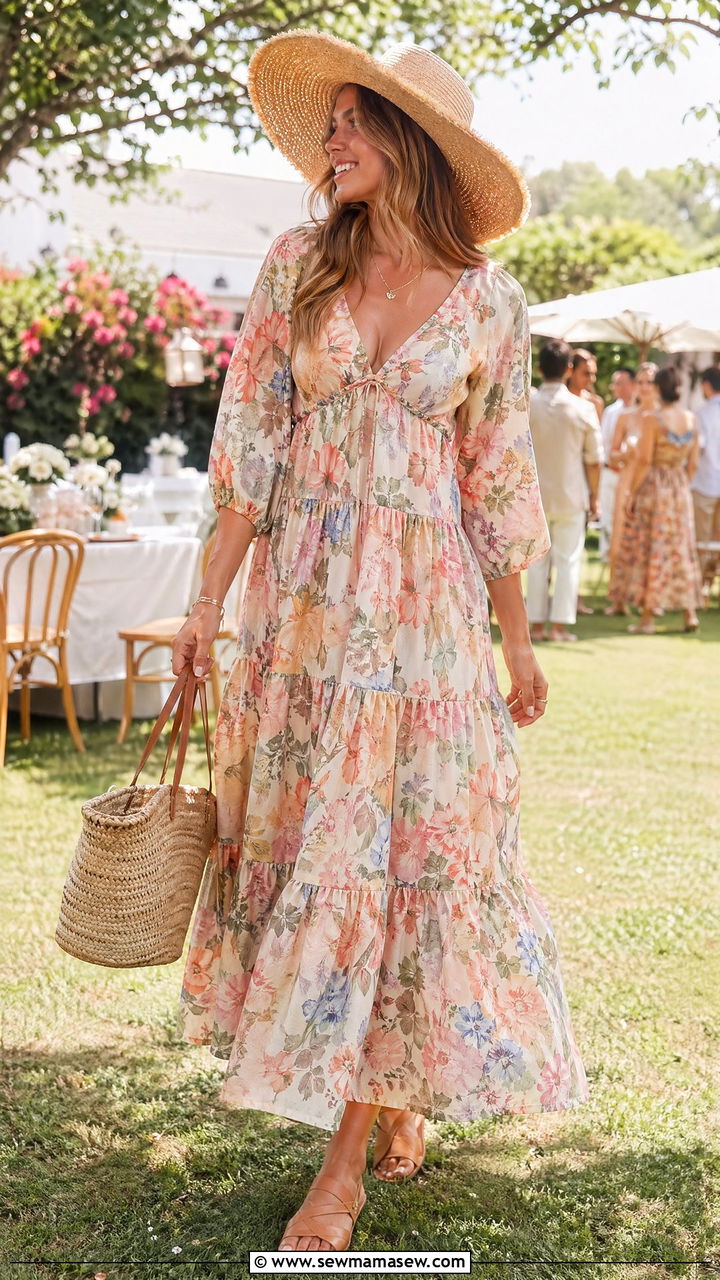 Flowy maxi dress with flat sandals and a straw tote - 35 spring effortless chic outfit ideas