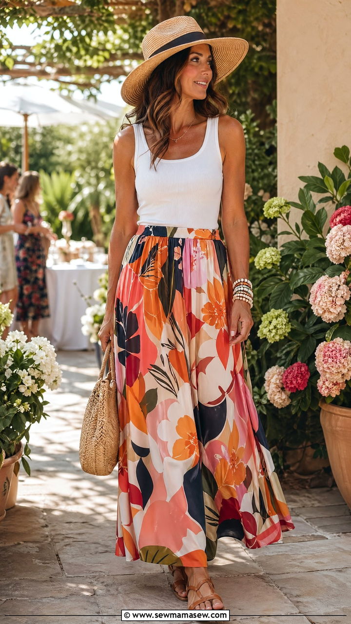 Flowy maxi skirt and ribbed tank outfit - 35 Summer outfit ideas for mom
