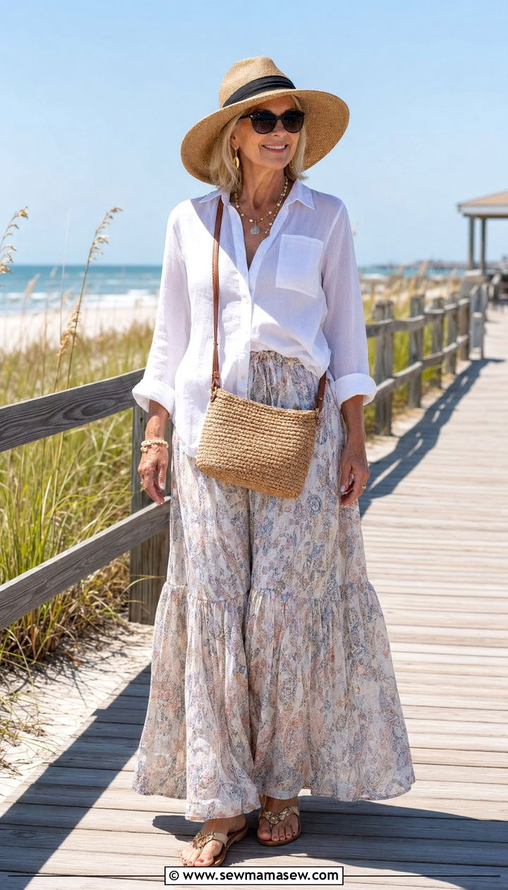 Flowy maxi skirt with breezy shirt - 35 Outfit ideas for women over 60