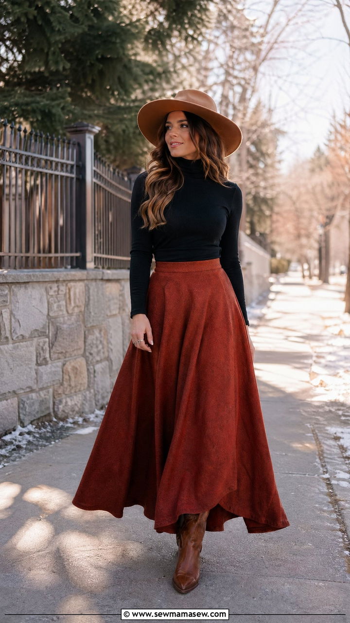 Flowy maxi skirt with cowboy boots - 35 cowboy boots outfit ideas