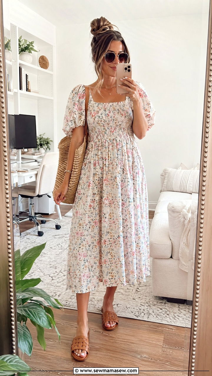 Flowy midi dress and flat sandals outfit - 35 Work from home outfits for moms