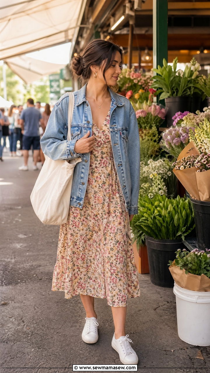 Flowy midi dress with a denim jacket spring farmers market outfit - 35 spring farmers market outfit ideas
