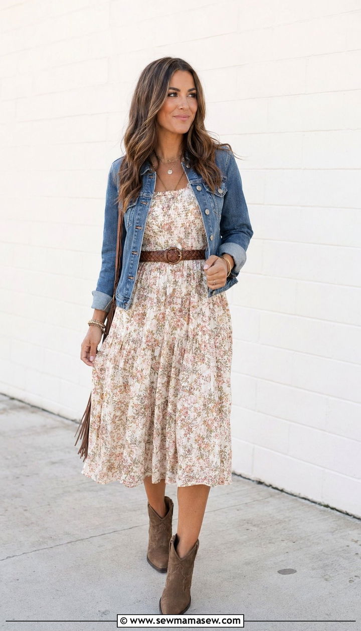 Flowy midi dress with ankle boots - 30 what to wear to a country concert