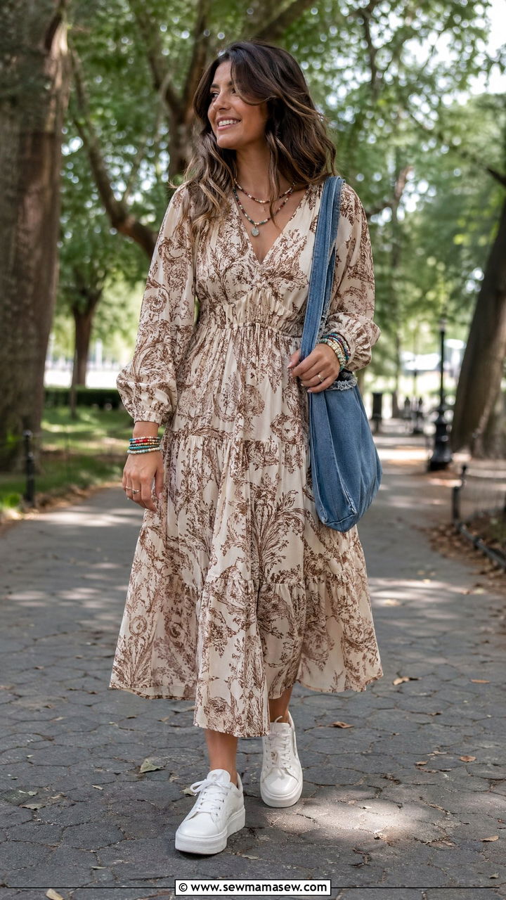 Flowy midi dress with sneakers - 35 summer travel outfit ideas