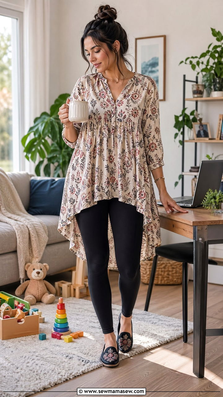 Flowy tunic with leggings outfit - 35 Work from home outfits for moms