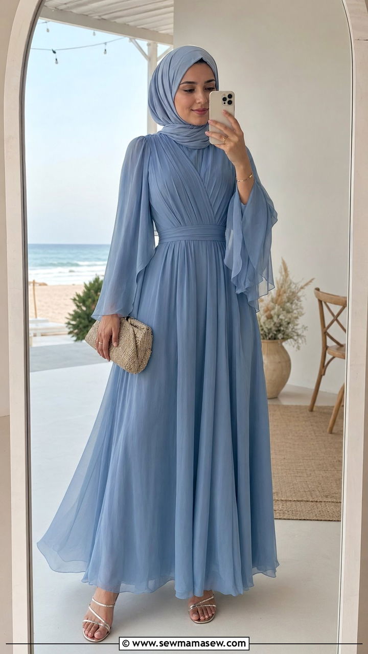 Flutter Sleeve Maxi Dress With Strappy Sandals - 30 wedding guest outfits for hijab women