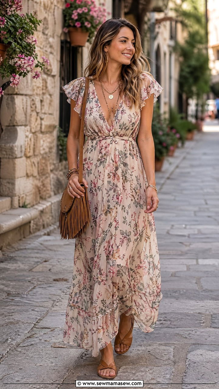 Flutter sleeve floral maxi dress with sandals - 35 spring engagement party outfit ideas