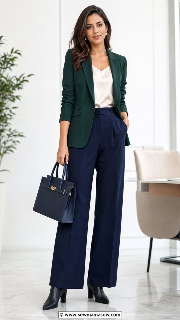 Forest Green Blazer with Navy Wide Leg Trousers - 30 Blue and green outfit ideas