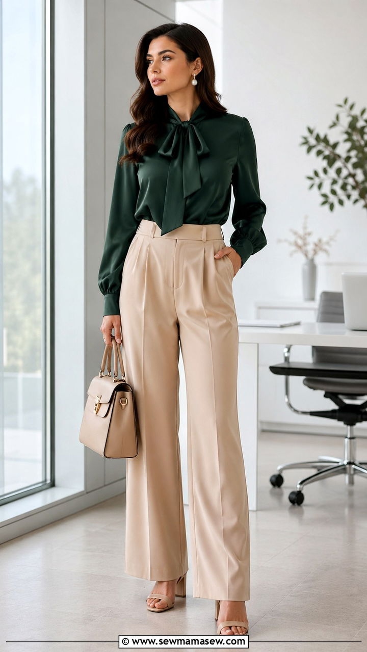 Forest Green Blouse With Beige Trousers - 40 All forest green outfit ideas