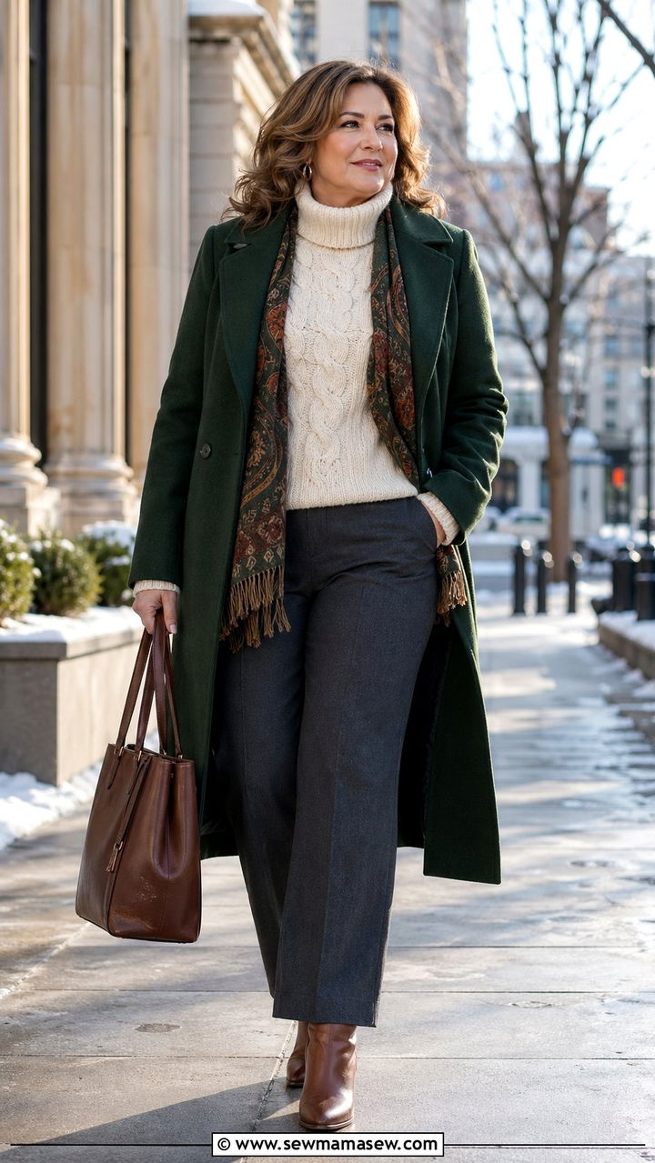Forest Green Coat With Cozy Winter Layers - 35 Plus size outfit ideas for women over 40