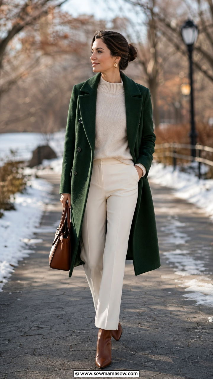 Forest Green Coat with Cream Knit Outfit - 35 classy quiet luxury outfit ideas