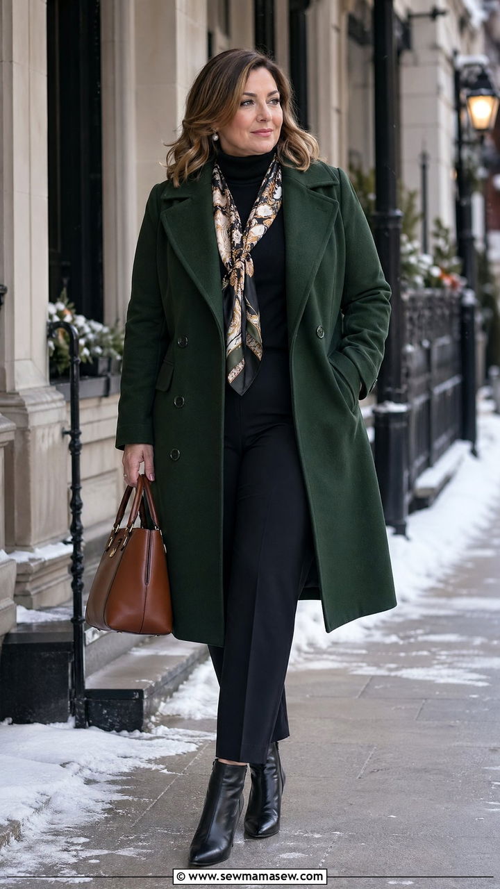 Forest Green Coat with Printed Scarf and Ankle Boots - 35 Curvy outfits for women over 40
