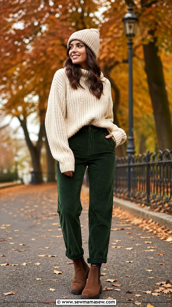 Forest Green Corduroy Pants With Chunky Knit - 40 All forest green outfit ideas