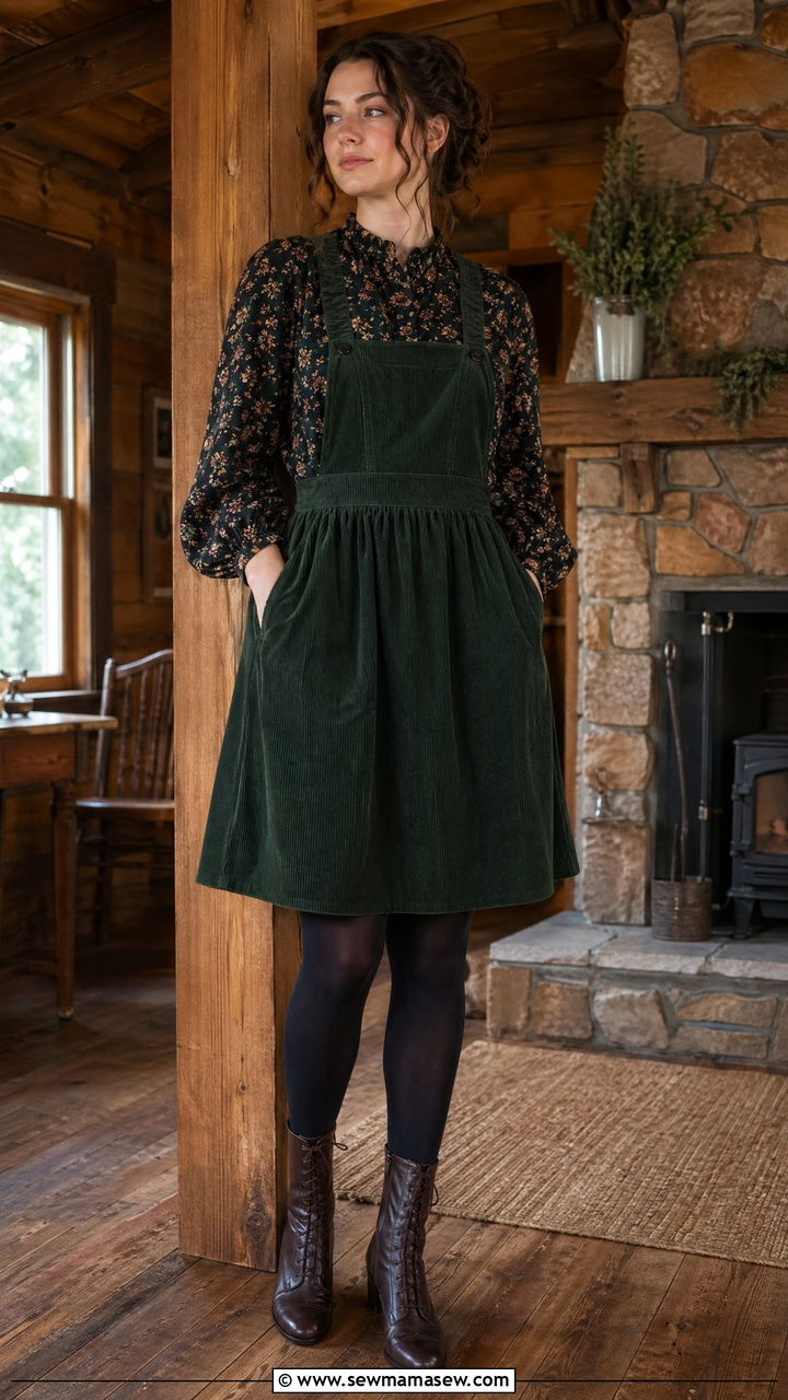 Forest Green Corduroy Pinafore With Dark Floral Blouse - 35 Cottagecore outfit ideas