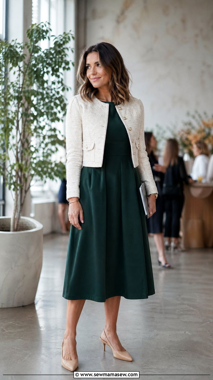 Forest Green Midi Dress With A Cropped Jacket - 35 Conference outfit ideas