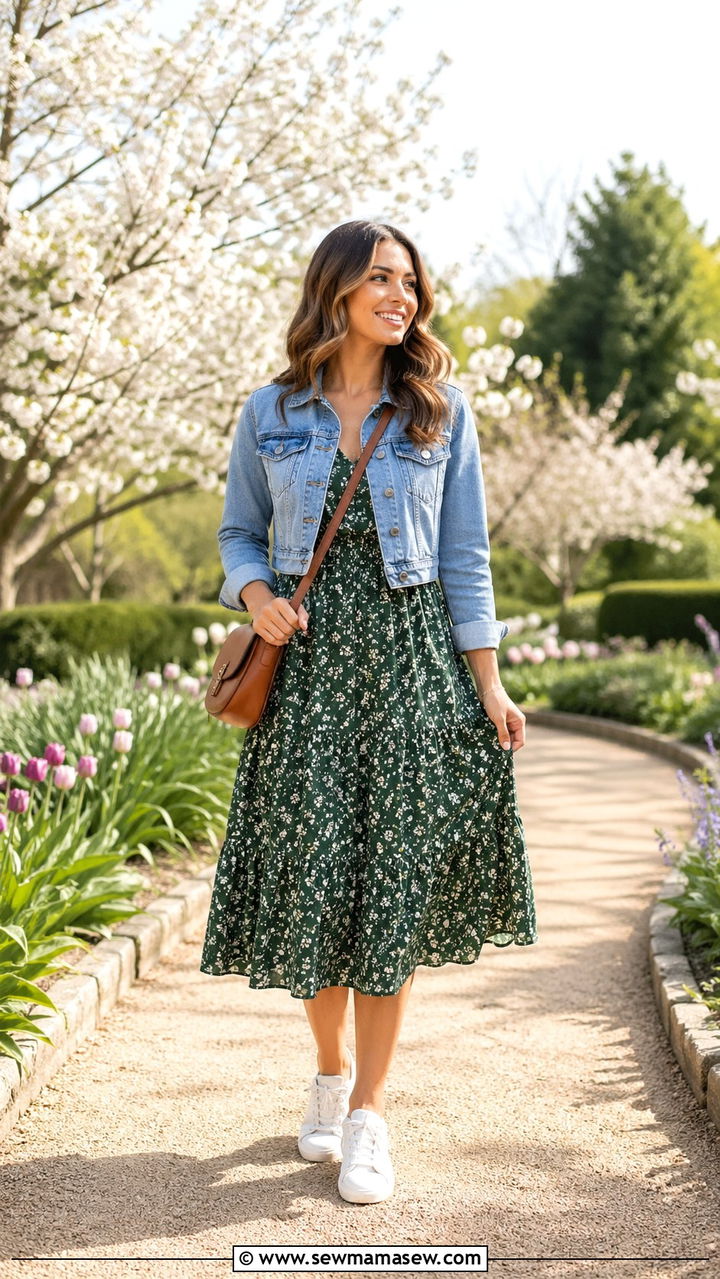 Forest Green Midi Dress With Denim Jacket - 40 All forest green outfit ideas