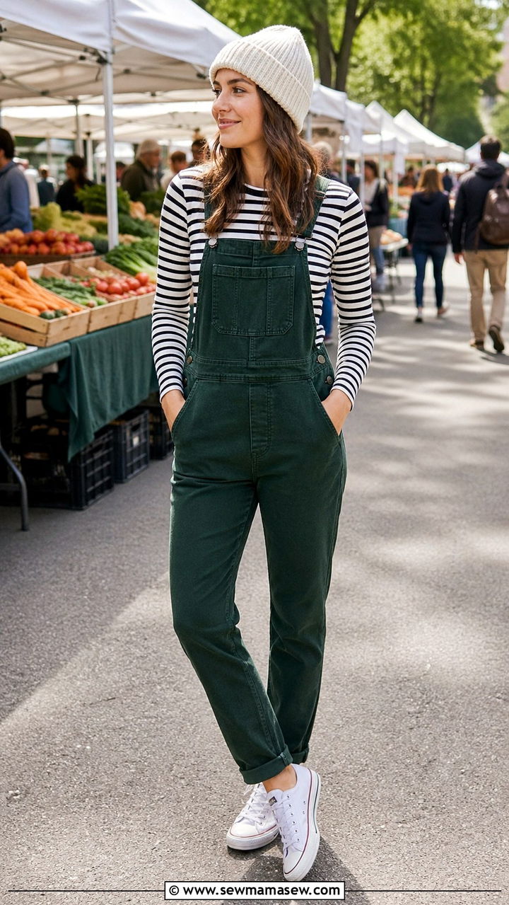 Forest Green Overalls With Striped Tee - 40 All forest green outfit ideas