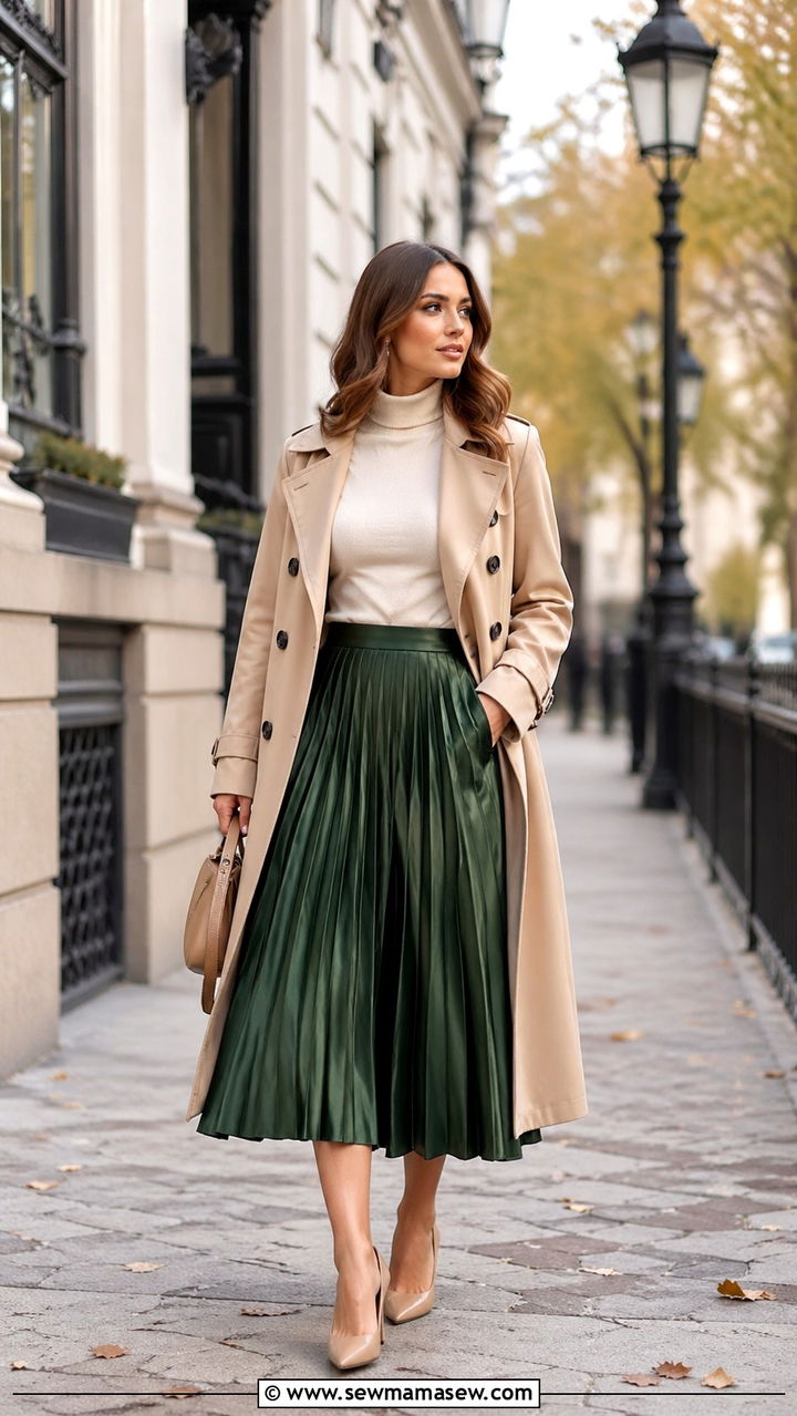 Forest Green Pleated Skirt With Cream Sweater - 40 All forest green outfit ideas