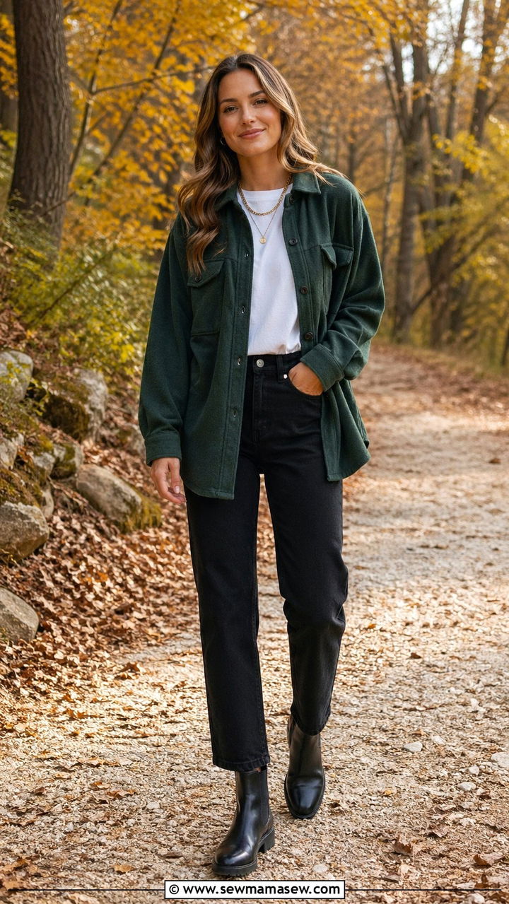Forest Green Shacket With White Tee - 40 All forest green outfit ideas