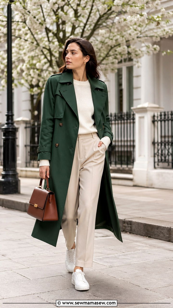 Forest Green Trench Coat With Neutral Layers - 40 All forest green outfit ideas