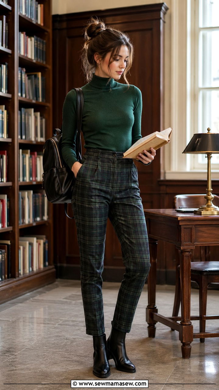 Forest Green Turtleneck And Plaid Trousers - 40 All green outfit ideas