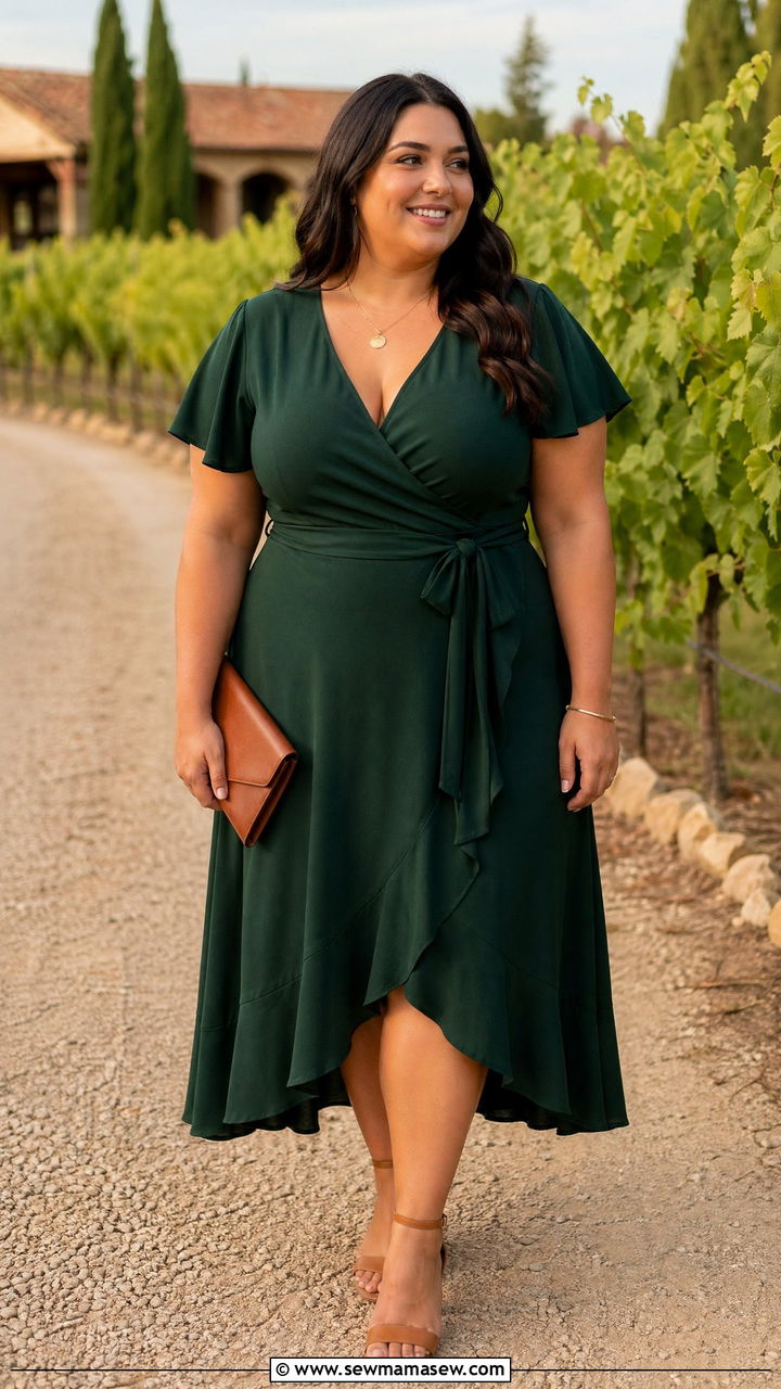 Forest Green Wrap Plus Size Wedding Guest Dress - 35 wedding guest outfits for plus size women