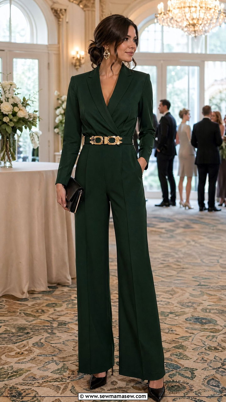Forest green tailored jumpsuit with statement belt - 35 Country club wedding guest outfit ideas