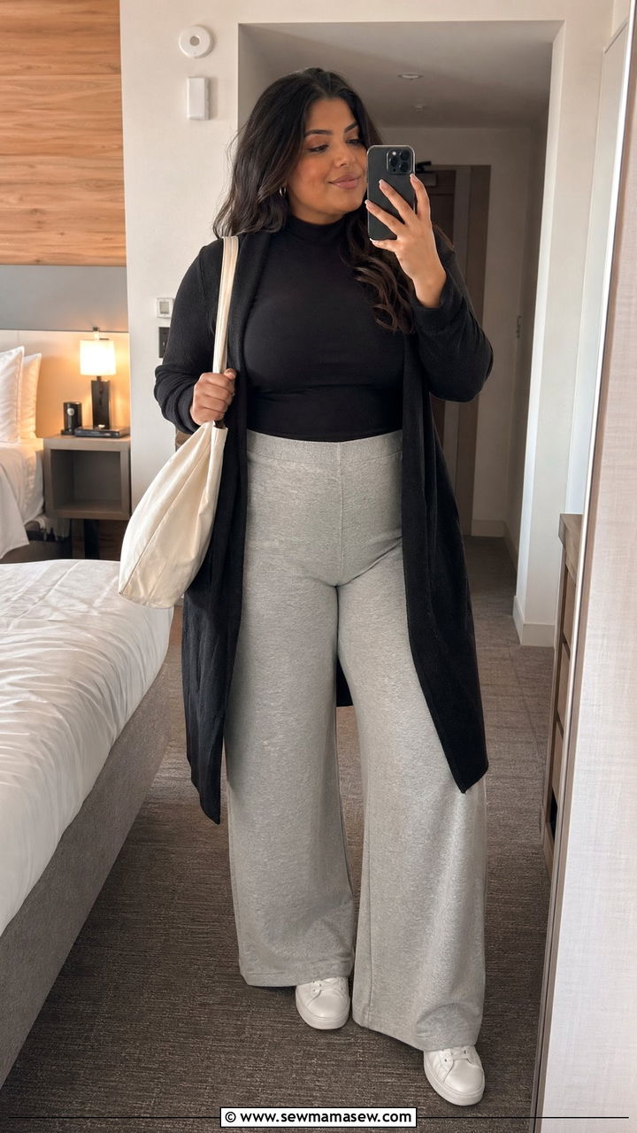 French Terry Wide Leg Pants with Fitted Mock Turtleneck - 35 Travel outfits for curvy women