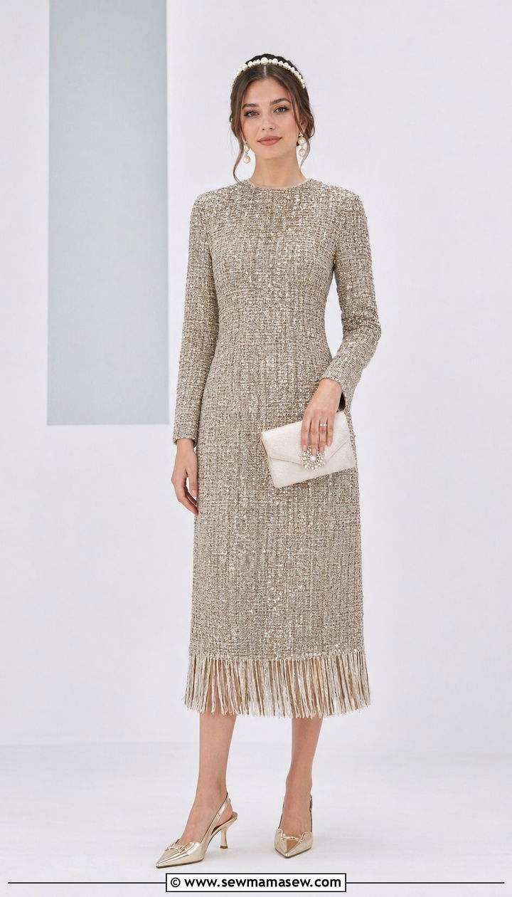 Fringe Hem Tweed Dress With Slingback Heels - 35 Modest outfit ideas for wedding guest