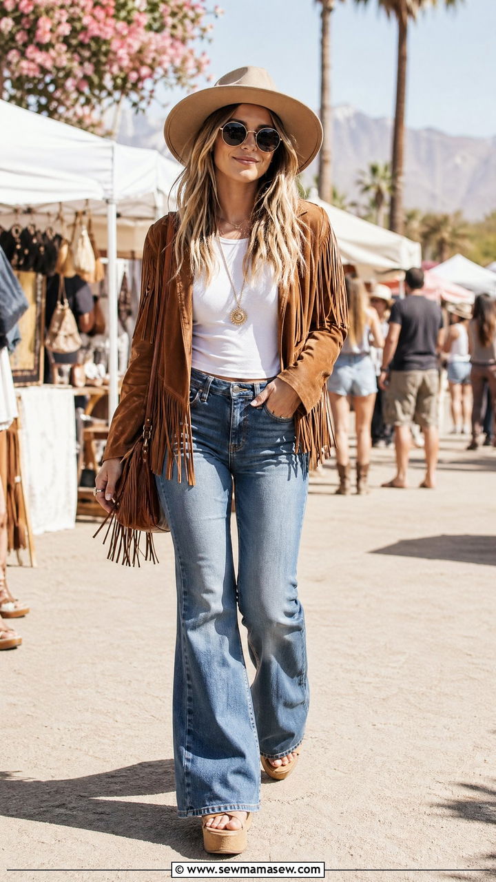 Fringe Jacket With Flare Jeans - 35 spring boho outfits