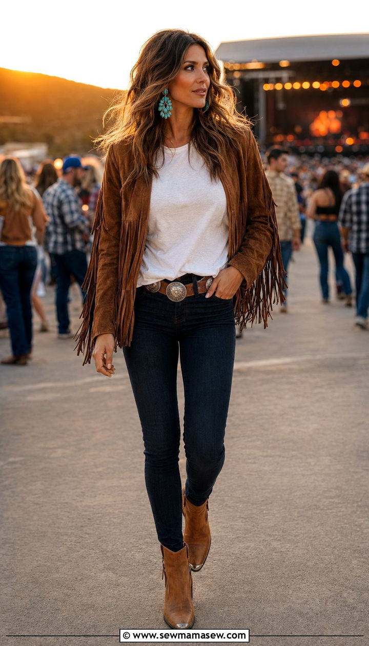 Fringe Jacket With Skinny Jeans Country Concert Outfit - 30 what to wear to a summer concert