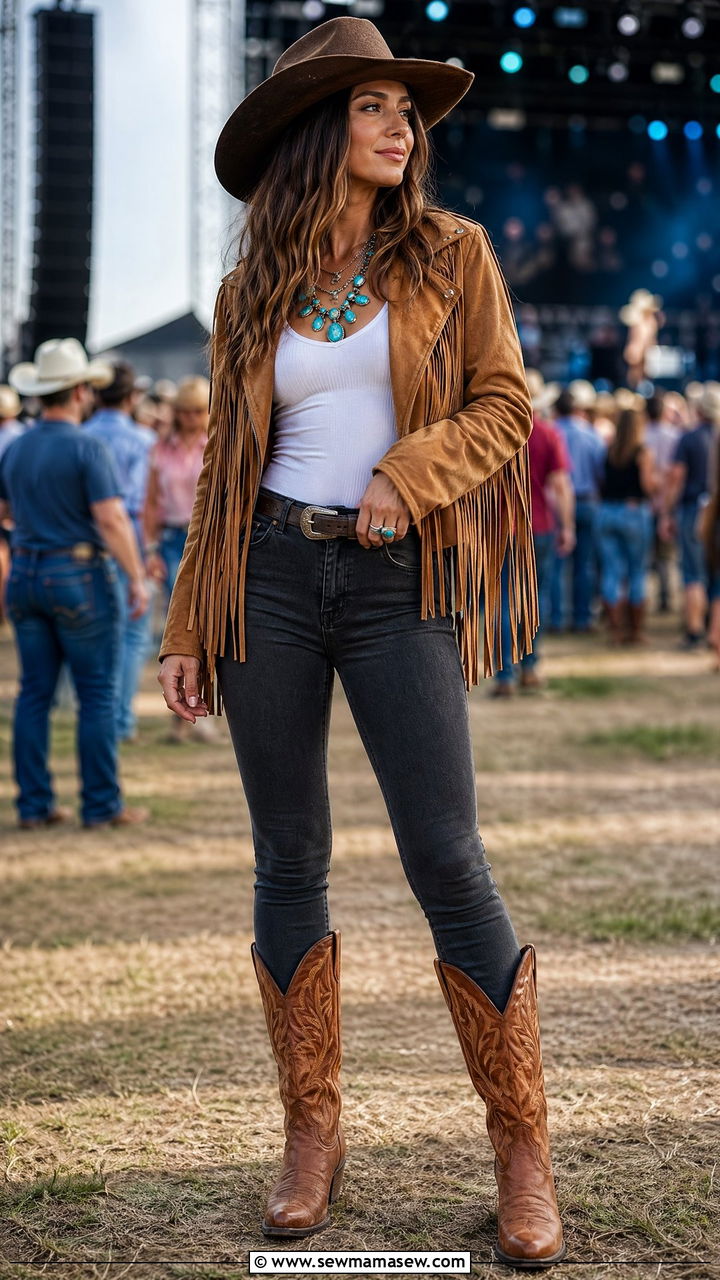 Fringe Jacket With Skinny Jeans and Cowgirl Boots - 35 what to wear to a concert