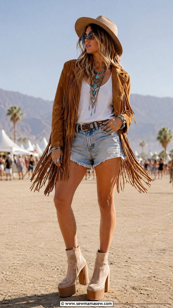 Fringe Jacket with Denim Shorts Festival Outfit - 35 what to wear to a music festival