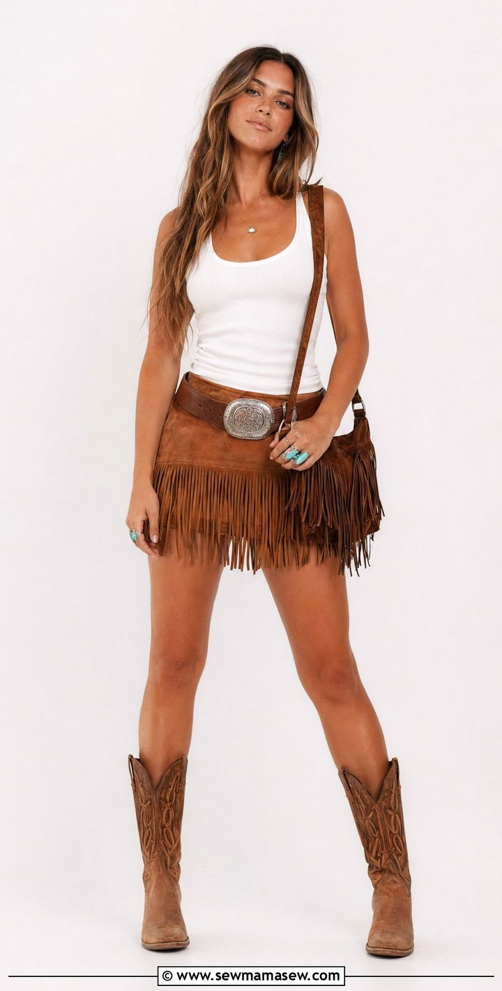 Fringe Mini Skirt and White Tank Top - 30 Weekend music festival outfit ideas