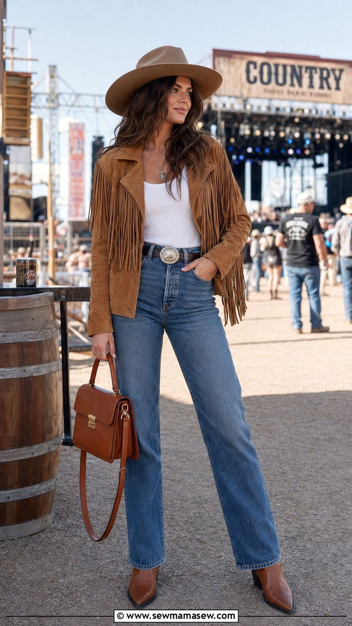 Fringe jacket with jeans outfit - 30 Western outfit ideas with jeans