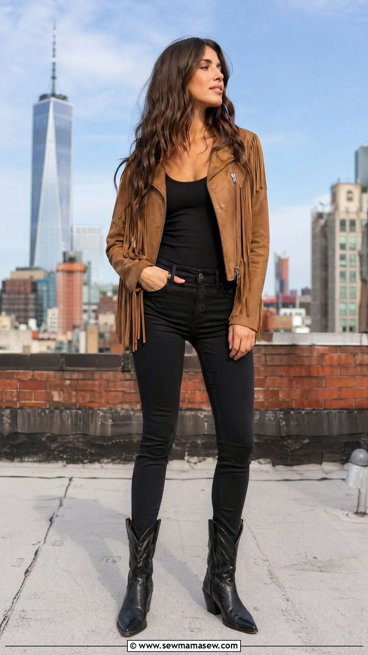 Fringe suede jacket and black skinny jeans - 35 Country outfit ideas