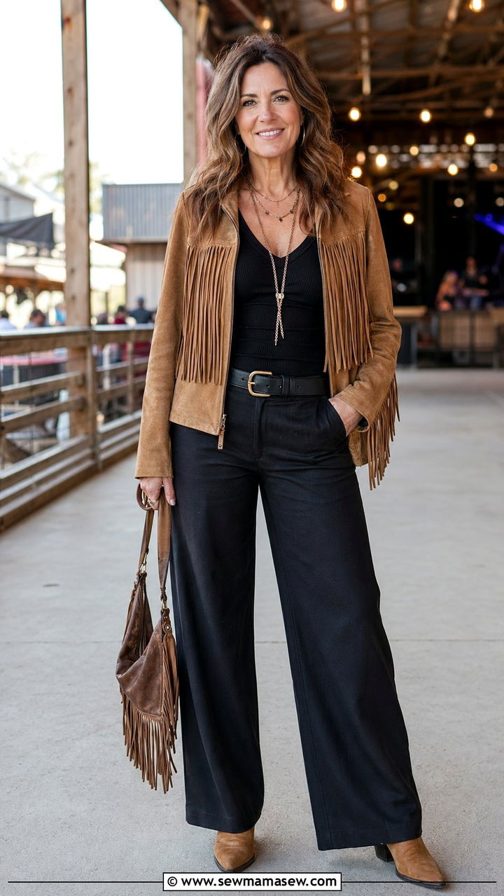 Fringe suede jacket with wide leg trousers and pointed boots - 30 Western outfit ideas for women over 40